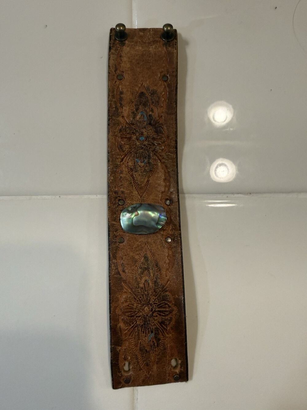 Brown Embossed Leather With Abalone Shell, Statement Bracelet With Clasps Used